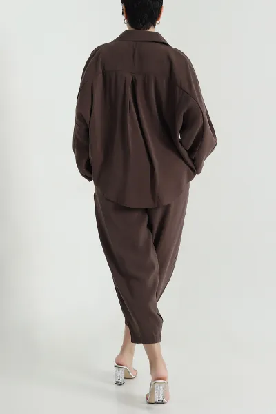 Kahverengi Dokuma Modal Şalvarlı Kadın İkili Takım 470743