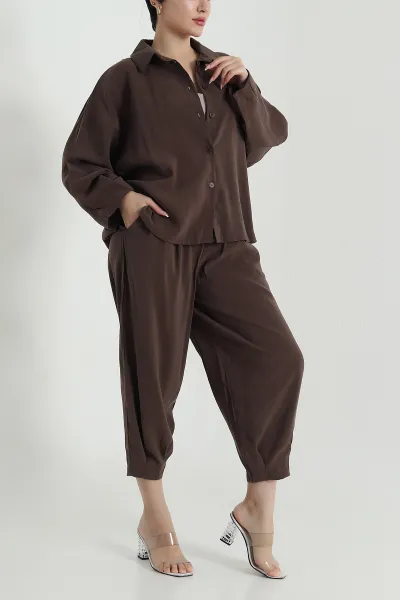Kahverengi Dokuma Modal Şalvarlı Kadın İkili Takım 470743