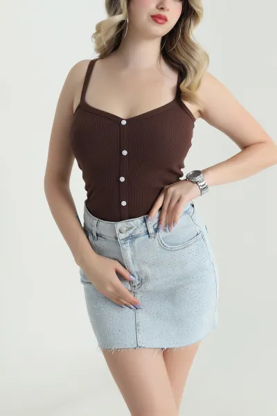 Kahverengi Düğme Detay Kaşkorse Bluz 470588