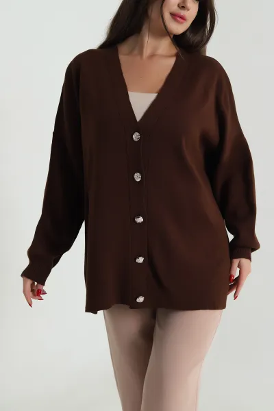 Kahverengi Düğmeli Oversize Kadın Triko Hırka 490714
