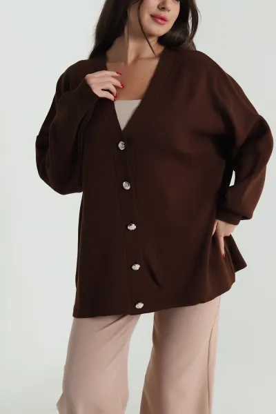 Kahverengi Düğmeli Oversize Kadın Triko Hırka 490714