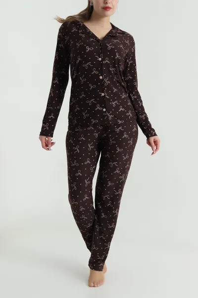 Kahverengi Düğmeli Soft Süet Kadın Pijama Takımı 488908
