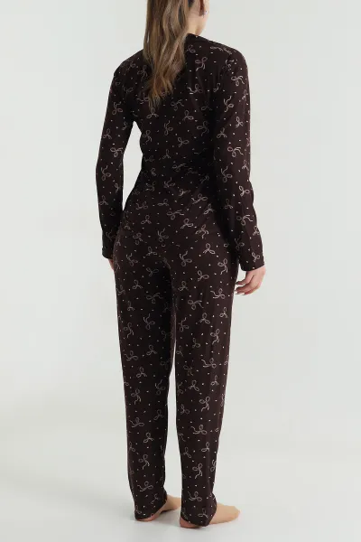Kahverengi Düğmeli Soft Süet Kadın Pijama Takımı 488908