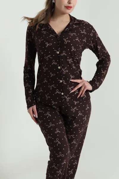Kahverengi Düğmeli Soft Süet Kadın Pijama Takımı 488908