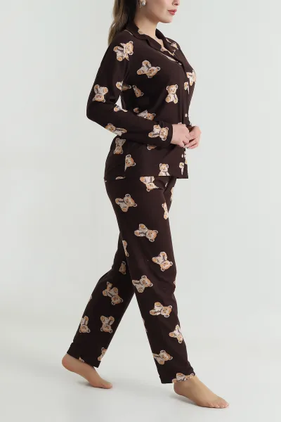 Kahverengi Düğmeli Soft Süet Kadın Pijama Takımı 489067