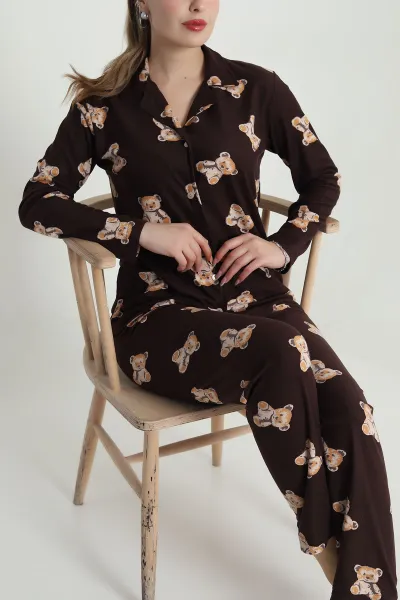 Kahverengi Düğmeli Soft Süet Kadın Pijama Takımı 489067