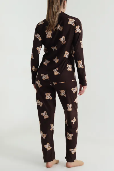 Kahverengi Düğmeli Soft Süet Kadın Pijama Takımı 489067