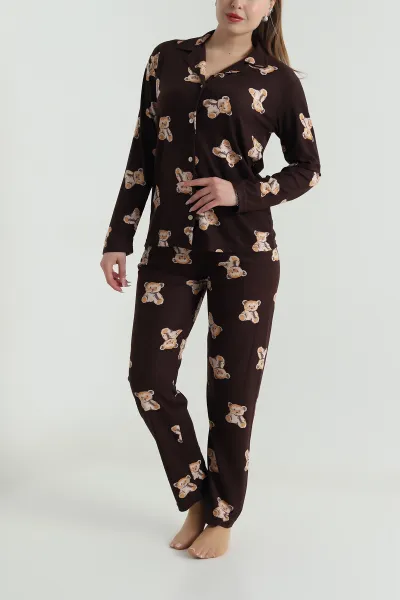 Kahverengi Düğmeli Soft Süet Kadın Pijama Takımı 489067