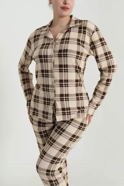 Kahverengi Düğmeli Süet Kadın Pijama Takımı 492772