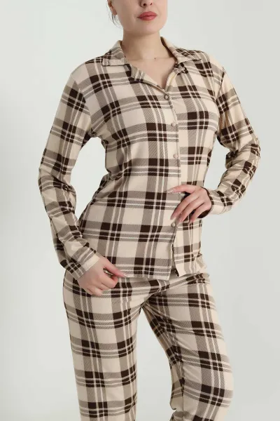 Kahverengi Düğmeli Süet Kadın Pijama Takımı 492772
