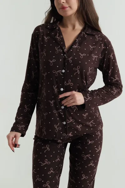 Kahverengi Düğmeli Süet Kadın Pijama Takımı 499836