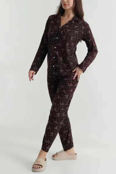 Kahverengi Düğmeli Süet Kadın Pijama Takımı 499836
