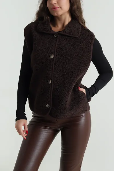 Kahverengi Düğmeli Teddy Kadın Yelek 492632