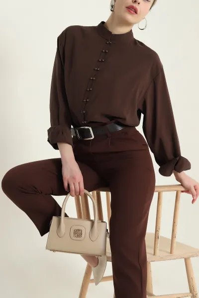 Kahverengi Düğmeli Tencel Kadın Gömlek 436834