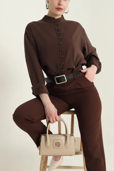 Kahverengi Düğmeli Tencel Kadın Gömlek 436834