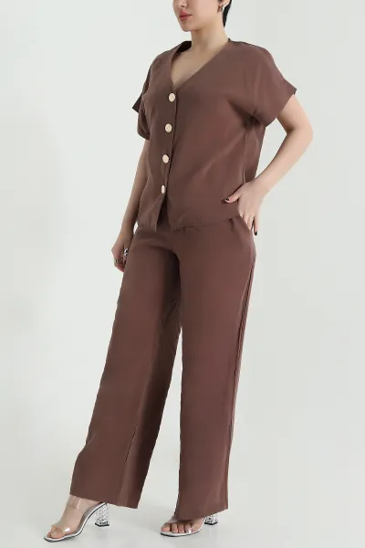 Kahverengi Düğmeli Tencel Kadın İkili Takım 455149