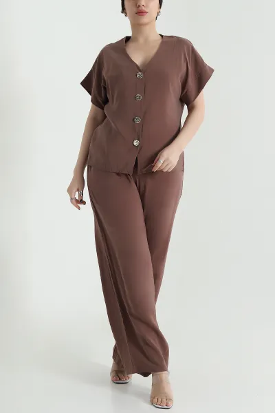 Kahverengi Düğmeli Tencel Kadın İkili Takım 455149