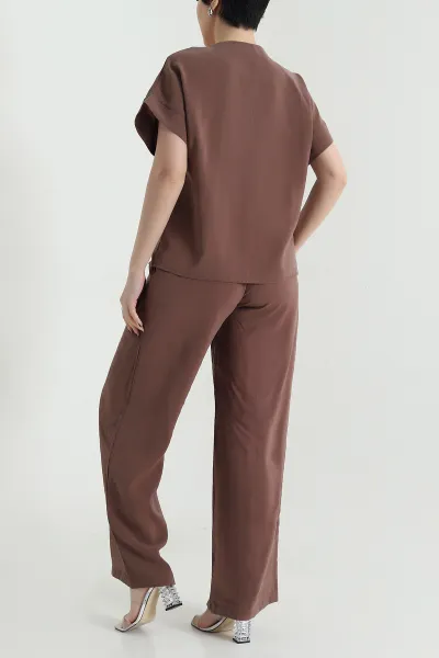 Kahverengi Düğmeli Tencel Kadın İkili Takım 455149