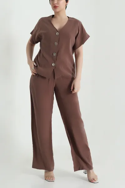 Kahverengi Düğmeli Tencel Kadın İkili Takım 455149