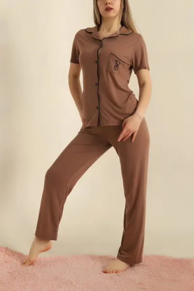 Kahverengi Düğmeli Viskon Bayan Pijama Takımı 251600