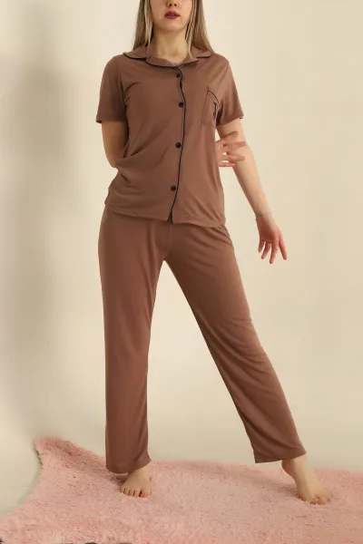Kahverengi Düğmeli Viskon Bayan Pijama Takımı 251600