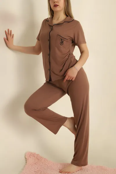 kahverengi-dugmeli-viskon-bayan-pijama-takimi-251600