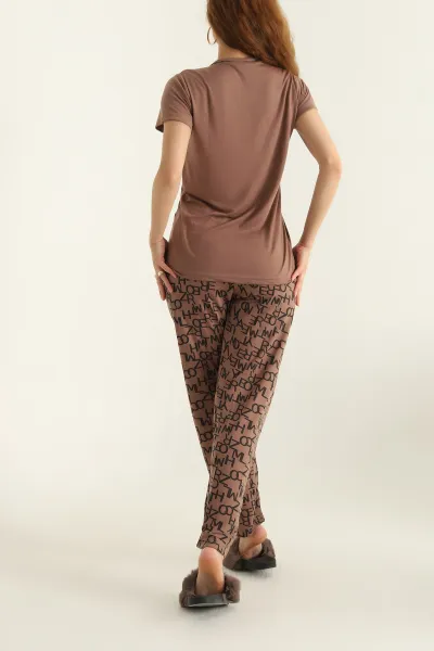 Kahverengi Düğmeli Viskon Bayan Pijama Takımı 288959
