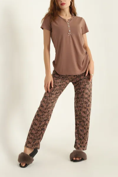 Kahverengi Düğmeli Viskon Bayan Pijama Takımı 288959