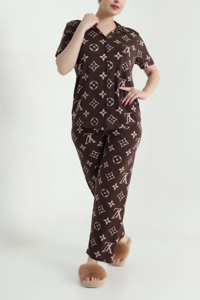 Kahverengi Düğmeli Viskon  Kadın Pijama Takımı 466685