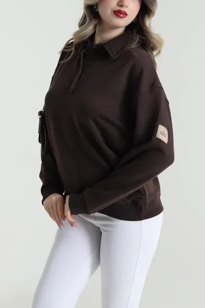 Kahverengi Düğmeli Yaka Üç İp Kadın Sweat 484744