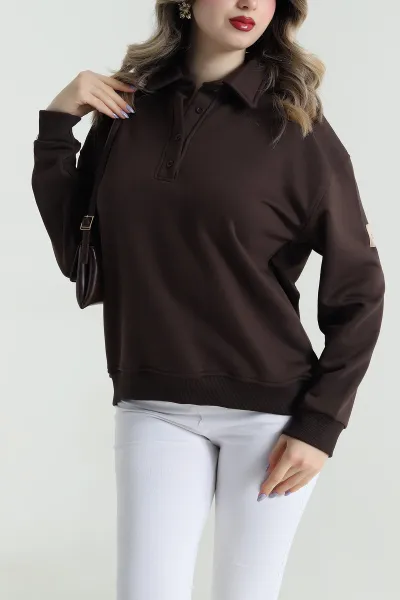 Kahverengi Düğmeli Yaka Üç İp Kadın Sweat 484744