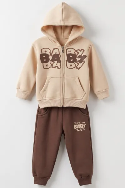 Kahverengi Ekru (1-5 Yaş) Baby Baskılı Kapüşonlu Fermuarlı 3 İp Şardonlu Erkek Çocuk Kışlık Takım 487806