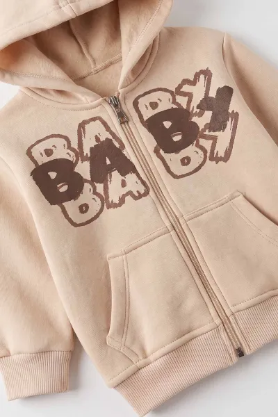 Kahverengi Ekru (1-5 Yaş) Baby Baskılı Kapüşonlu Fermuarlı 3 İp Şardonlu Erkek Çocuk Kışlık Takım 487806