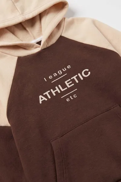 Kahverengi Ekru (6-10 Yaş) Athletic Baskılı Kapüşonlu   3 İp Şardonlu Erkek Çocuk Kışlık Takım 481861
