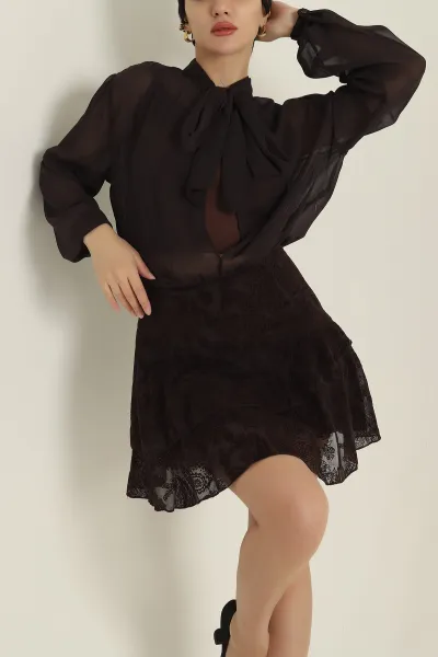 Kahverengi Eteği Flok Astarlı Şifon Elbise 420108