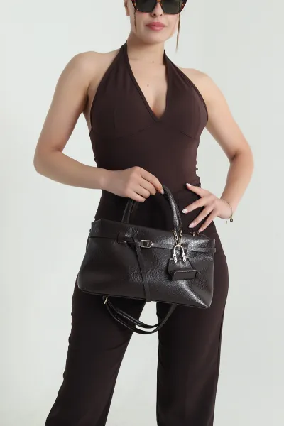 Kahverengi Fermuarlı Aksesuarlı Detaylı Kadın El Kol ve Omuz Çantası 474418