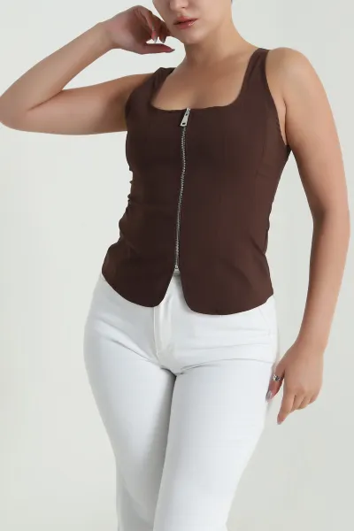 Kahverengi Fermuarlı Askılı Tencel Kadın Bluz 482542