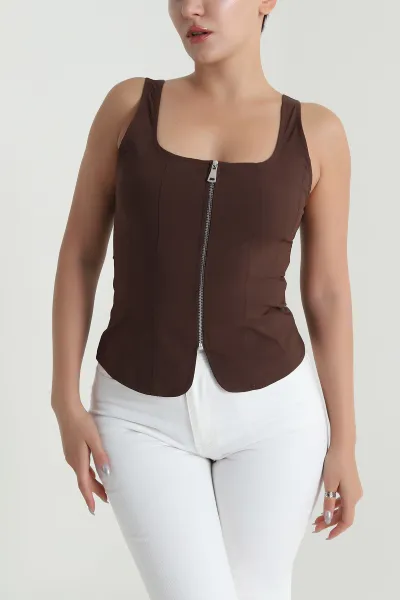 Kahverengi Fermuarlı Askılı Tencel Kadın Bluz 482542