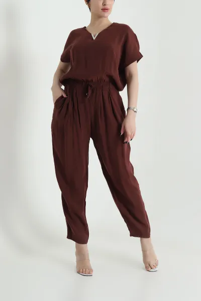 Kahverengi Fermuarlı Bel Lastikli Tencel Kadın Tulum 452633