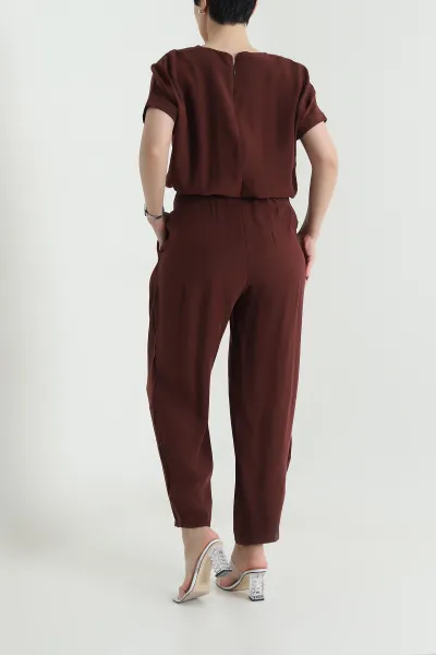 Kahverengi Fermuarlı Bel Lastikli Tencel Kadın Tulum 452633