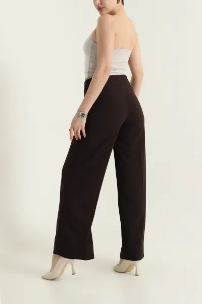 Kahverengi Fermuarlı Crep Kadın Pantolon 435684