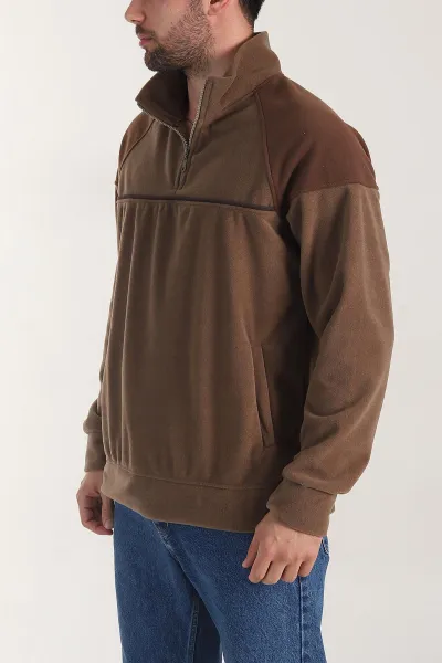 Kahverengi Fermuarlı Dik Yaka Polar Kumaş Erkek Sweatshirt 404307