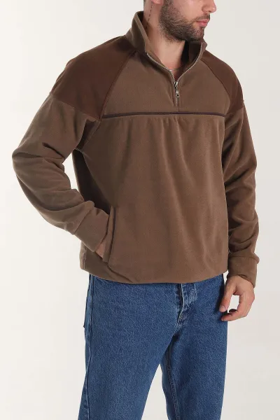 Kahverengi Fermuarlı Dik Yaka Polar Kumaş Erkek Sweatshirt 404307