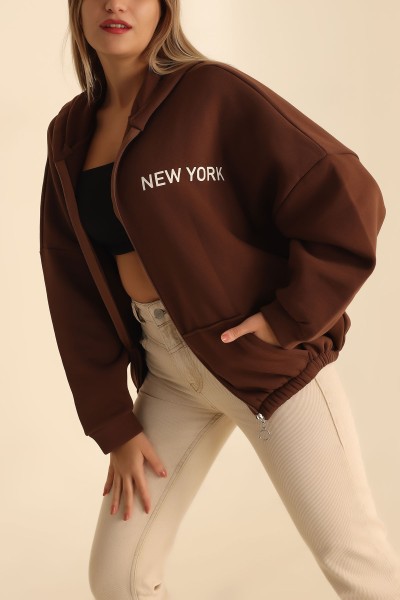 Kahverengi Fermuarlı İçi Şardonlu Sweat 211349