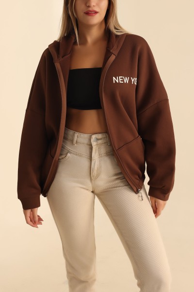 Kahverengi Fermuarlı İçi Şardonlu Sweat 211349