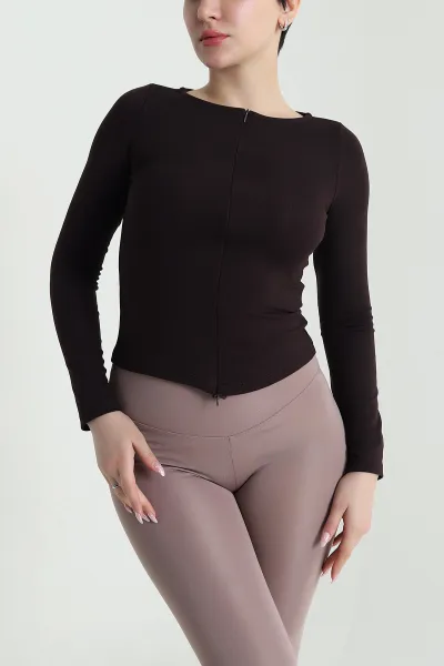 Kahverengi Fermuarlı Kadın Bady Bluz 461249