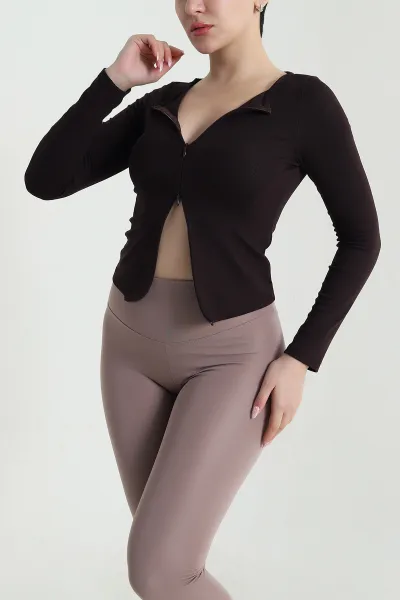 Kahverengi Fermuarlı Kadın Bady Bluz 461249