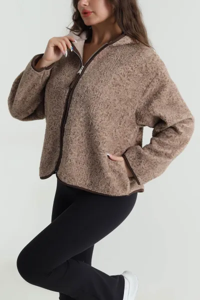 Kahverengi Fermuarlı Kapşonlu Teddy Kadın Sweat 482462