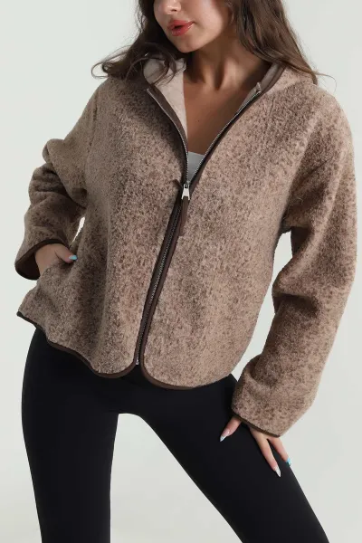 Kahverengi Fermuarlı Kapşonlu Teddy Kadın Sweat 482462
