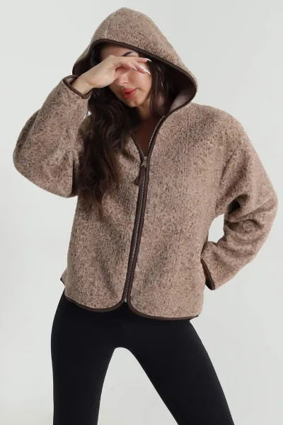 Kahverengi Fermuarlı Kapşonlu Teddy Kadın Sweat 482462